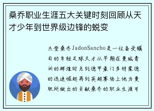 桑乔职业生涯五大关键时刻回顾从天才少年到世界级边锋的蜕变 桑乔职业生涯五大关键时刻回顾从天才少年到世界级边锋的蜕变