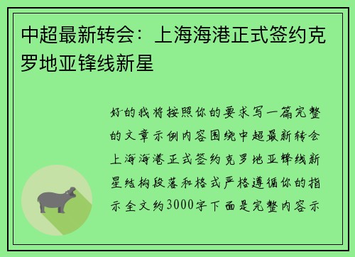 中超最新转会：上海海港正式签约克罗地亚锋线新星