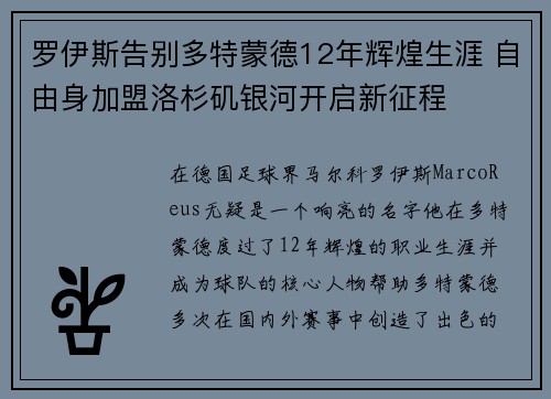 罗伊斯告别多特蒙德12年辉煌生涯 自由身加盟洛杉矶银河开启新征程