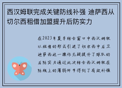 西汉姆联完成关键防线补强 迪萨西从切尔西租借加盟提升后防实力