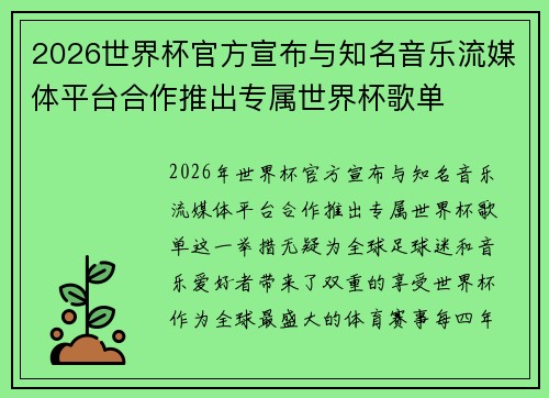 2026世界杯官方宣布与知名音乐流媒体平台合作推出专属世界杯歌单